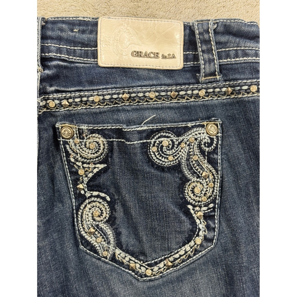 Grace in LA Womens Bootcut Embroidered Studded Blue Jeans 30 Meas: 32x33